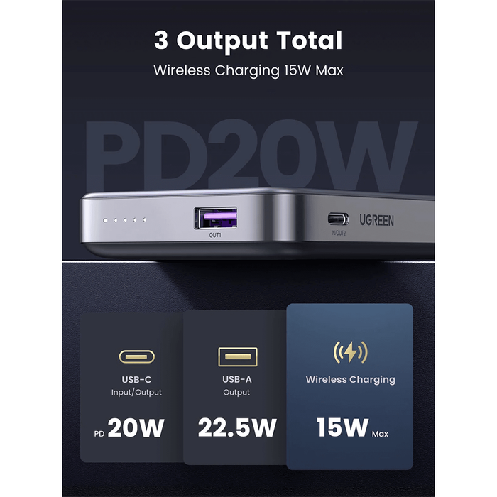 Ugreen 10000mAH Magnetic Wireless Power Bank - Space Gray [PB206/15806]