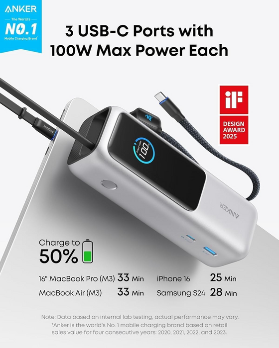 Anker 25000mAh 165W | Laptop Power Bank with Retractable Cables