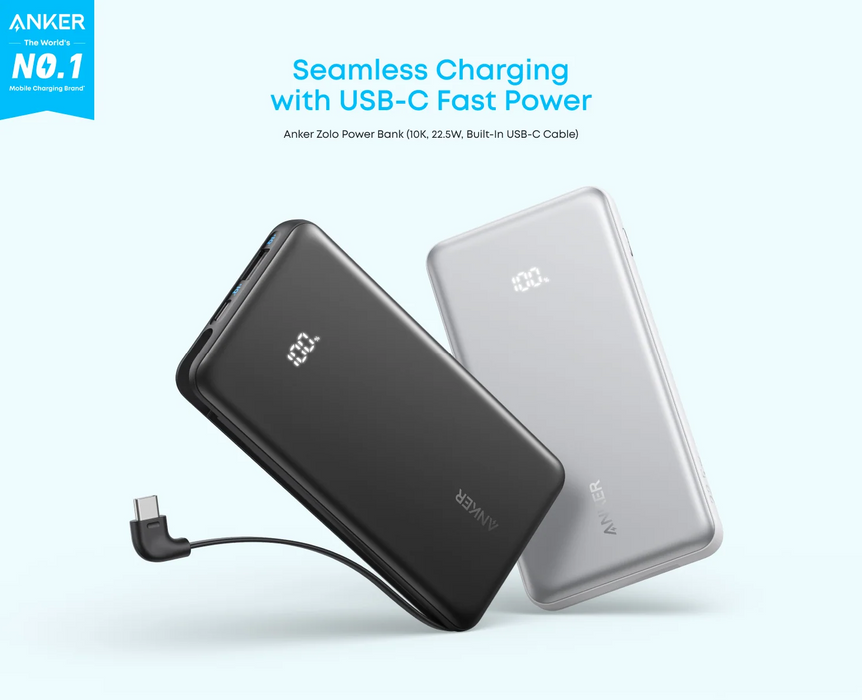 Anker Zolo Powerbank (10K, 22.5W, Built-in USB-C Cable) - Black [A110DH11]