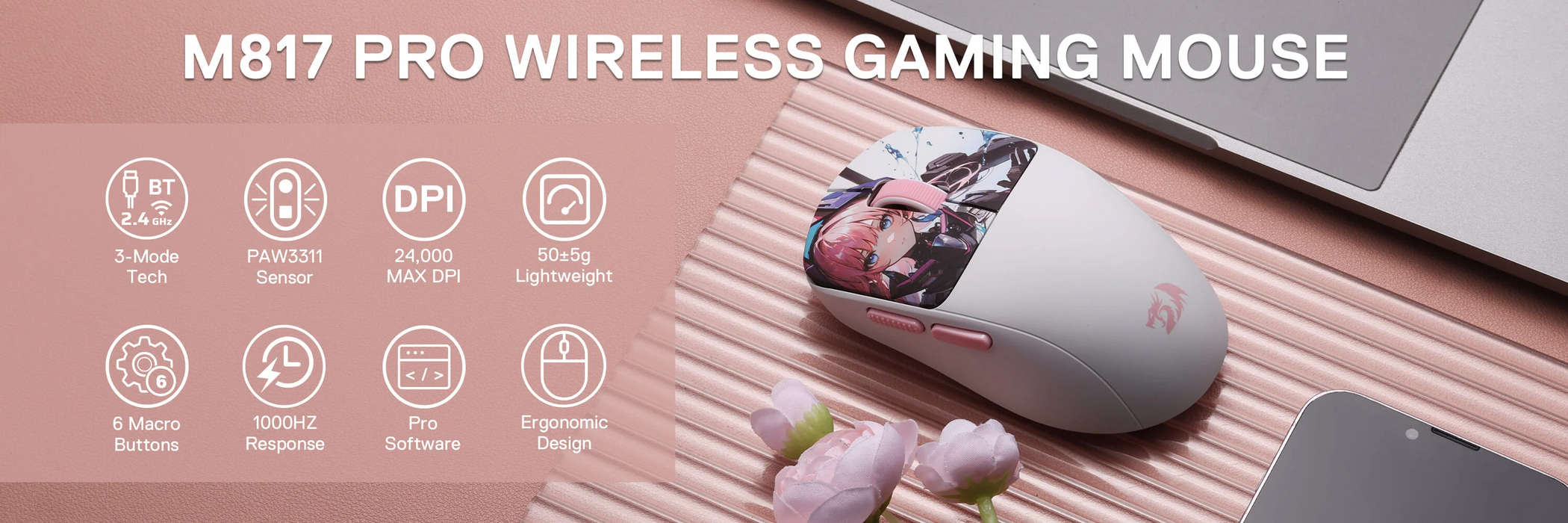 Redragon MOUSE WIRELESS (M817AK-PRO-STD) KLYAMOOR PRO STANDA Redragon WHITE-PINK