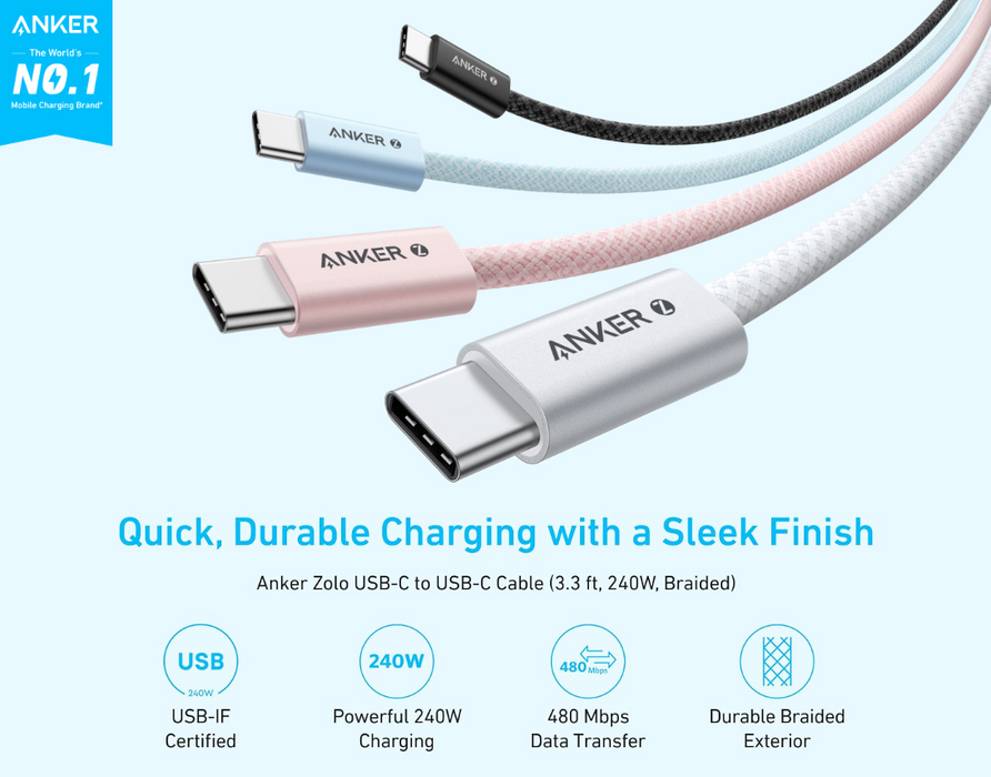 Anker Zolo USB C to C Small Head Soft Cable (3FT) - Pink [A8060H51]