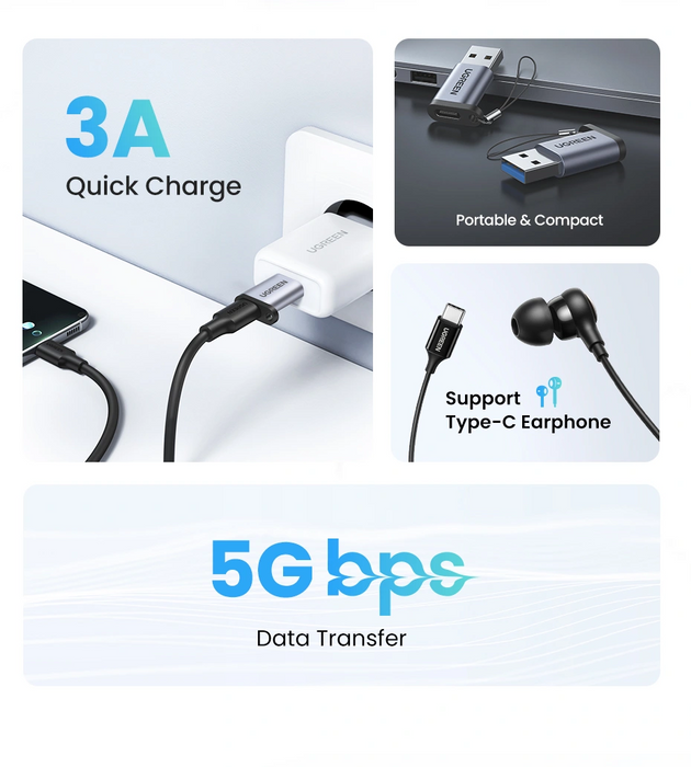UGreen USB 3.0-A to USB-C M/F Adapter - Gray [US276/50533]