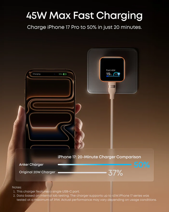 Anker Nano Charger 45W 1C Double Folded Pin w/Fun Screen Display - Black [A121DJ11]