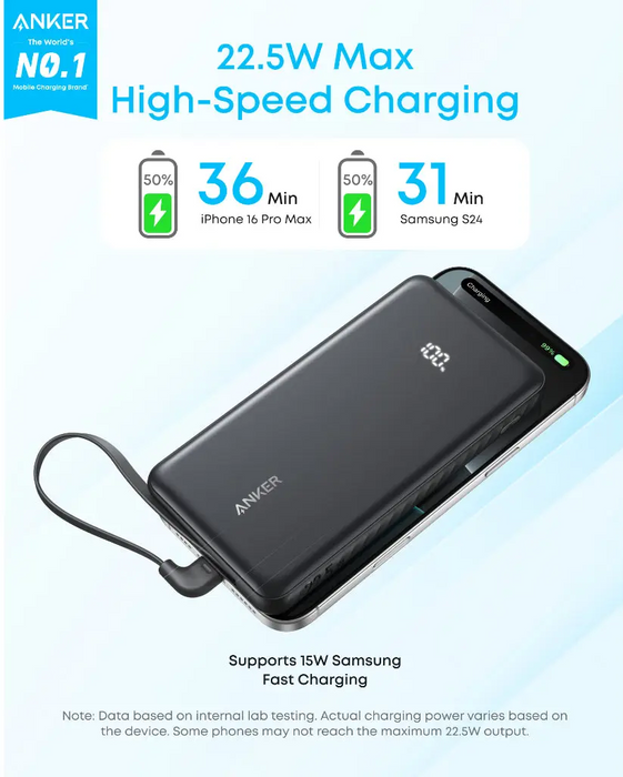 Anker Zolo Powerbank (10K, 22.5W, Built-in USB-C Cable) - Black [A110DH11]
