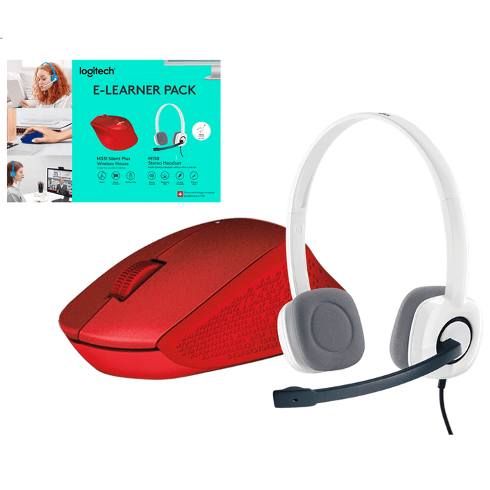 Logitech E-Learner Pack ( M331 Silent Mouse Red + H150 Stereo Headset Cloud White)